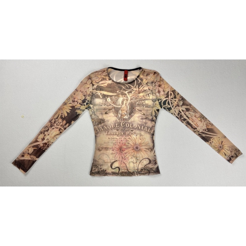 Just In Time USA Women's Mesh Long Sleeve Top Banque Colonial Sheer Y2K Small
